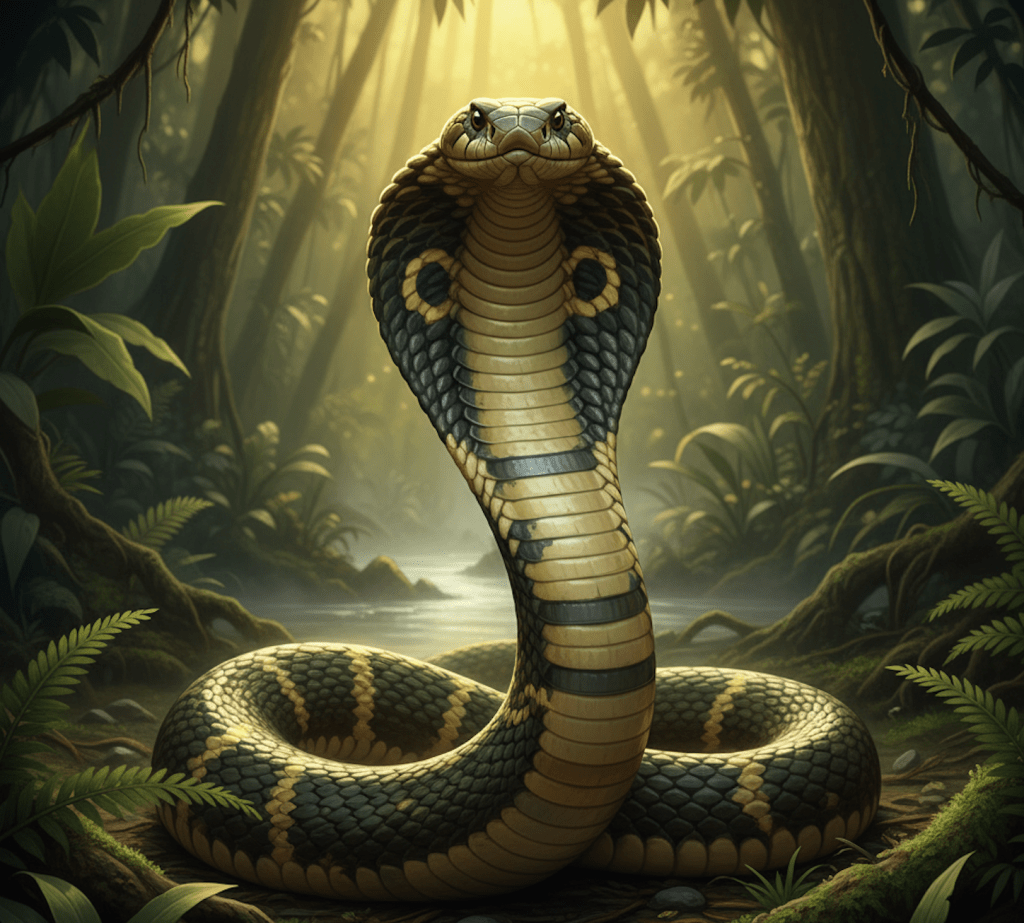 An artistic, imposing illustration of a King Cobra (Ophiophagus hannah) in an upright, defensive posture with its hood flared, in a lush, sun-dappled jungle setting. The snake displays intricate patterns of dark bands and lighter scales, and its mouth is closed. A river or stream is visible in the background.