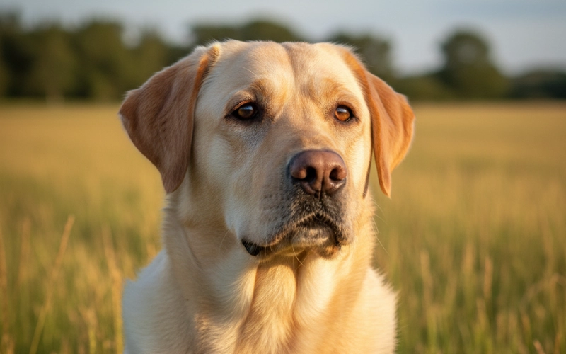 A close-up portrait of a yellow Labrador Retriever sitting attentively in a golden field during sunset, looking off to the side with a calm expression.