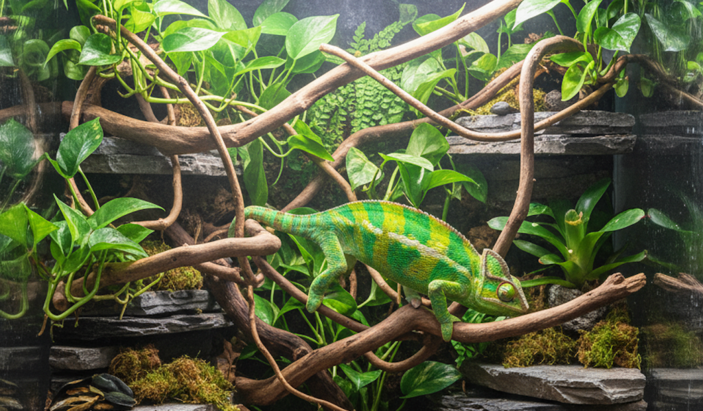 A realistic photo of a large reptile enclosure designed for enrichment, featuring a complex vertical network of branches, vines, and rock ledges. Various textures like moss, leaf litter, and river stones are present. A green chameleon is climbing, a Bearded Dragon is in a 