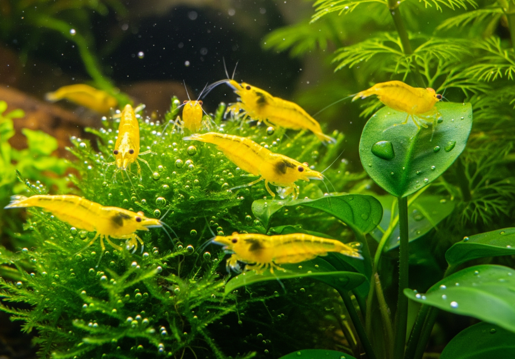 A close-up photograph shows a cluster of bright yellow Neo Caridina shrimp with black eyes. Several shrimp are foraging and resting on the leaves and stems of various green aquatic plants, including some covered in tiny air bubbles. The background is blurred, focusing all attention on the shrimp and the plants they are exploring.