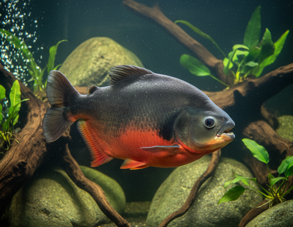 A realistic photo of a large Red-Bellied Pacu fish (Piaractus brachypomus) with a dark grey upper body and a vibrant reddish-orange belly, swimming in a freshwater aquarium. The tank features a dark substrate, driftwood, large rounded rocks,