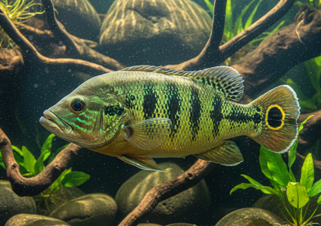 A realistic photo of a Peacock Bass fish (Cichla sp.) with vibrant green and black vertical bar patterns, and a prominent black ocellus (eye-spot) on its caudal fin. It's swimming in a clear freshwater aquarium with dark substrate, driftwood, rounded rocks, and green aquatic plants.