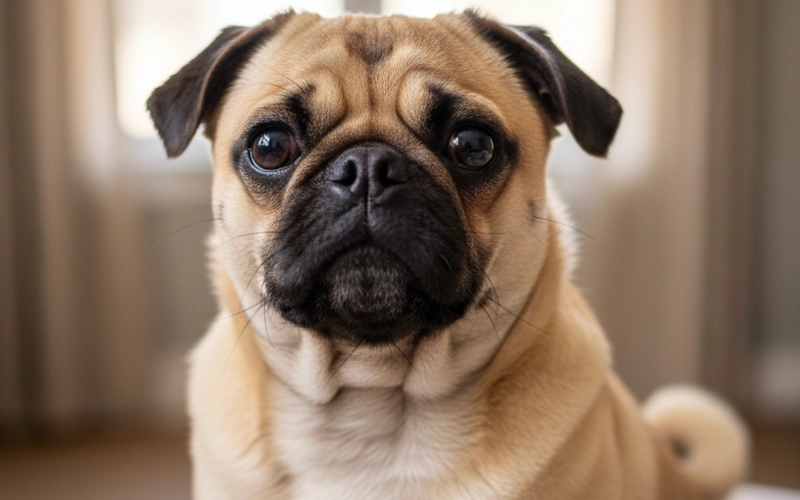 A close-up, realistic photo of a fawn Pug dog sitting on a dark green blanket. The dog is looking at the camera with its characteristic wrinkled face, squished muzzle, and big, round, dark eyes. Its short, fawn-colored fur and curled tail are visible.