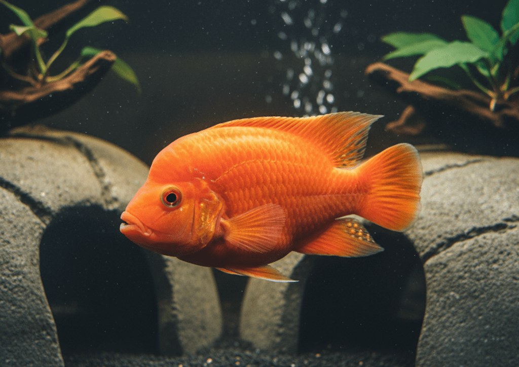 الأسماك A realistic photo of a bright orange Red Devil or Midas Cichlid (Amphilophus sp.) with a slight curve in its body, looking to the left. It's swimming in an aquarium with dark substrate, rock caves, driftwood, and green plants in the background.