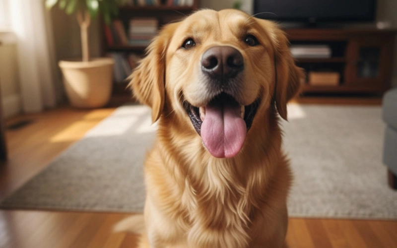 لغة الكلاب What are the reasons for a dog's bad breath. A realistic photo of an adult dog, possibly a Golden Retriever or Labrador mix, sitting on a wooden floor and looking directly up at the camera. Its mouth is slightly open, and its tongue is out in a happy, relaxed expression.