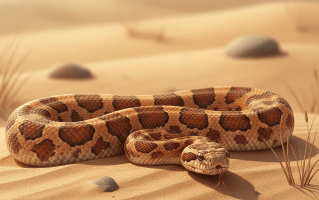 An artistic, realistic illustration of a Sand Boa snake resting on rippled sand dunes. The snake has a stocky body with a pattern of dark brown blotches on a lighter tan or sandy background. Its head is visible in the foreground, with its tongue flicking out, and sparse desert grass and smooth stones are scattered around.