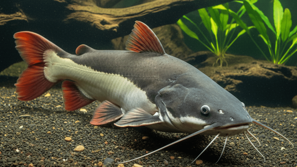 A realistic photo of a large Redtail Catfish with a dark grey body, white belly, and distinctive bright red fins, resting on the substrate of an aquarium. Driftwood and green aquatic plants are visible in the background.
