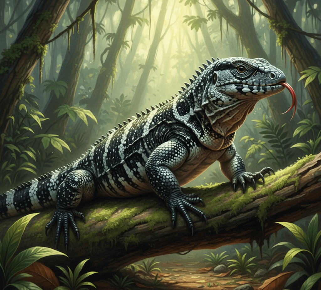 An artistic illustration of a large, strikingly patterned Tegus lizard perched on a mossy fallen log in a dense, sun-dappled jungle. The lizard has a black and white (or dark grey and light grey) banded body, a powerful build, and its forked tongue is flicking out. Lush tropical foliage and tall trees surround it.