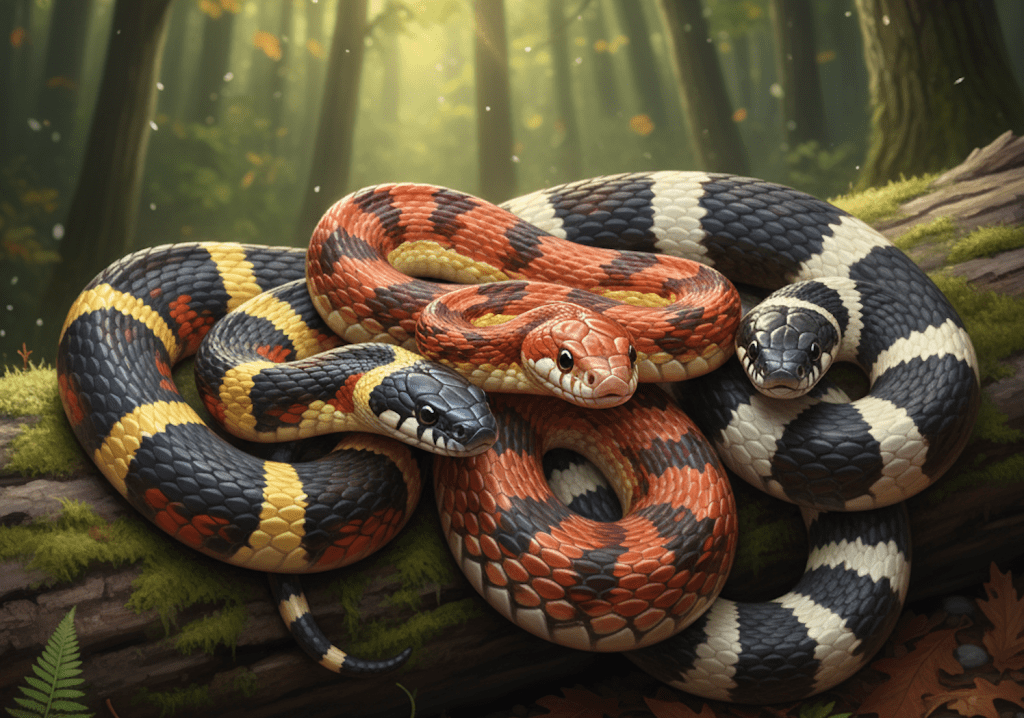 An artistic illustration depicts three non-venomous snakes—a Corn snake (red and orange patterned), a Milk snake (red, black, and yellow bands), and a King snake (black and white bands)—coiled together on a mossy log and fallen leaves in a sun-dappled forest. All three snakes' heads are visible, showcasing their distinct color patterns.