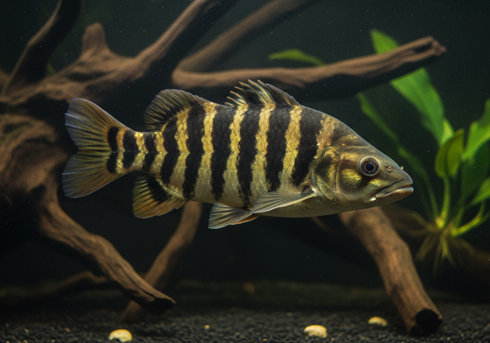 A realistic photo of a Datnoid (Tiger Fish, Datnioides sp.) with prominent vertical black and golden-yellow stripes, swimming gracefully in a freshwater aquarium with dark substrate, intricate driftwood, and green plants in the background.