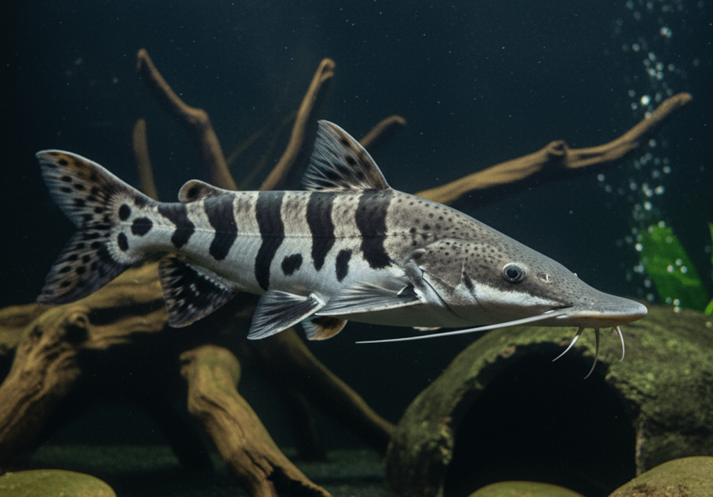 A realistic photo of a Tiger Shovelnose Catfish (Pseudoplatystoma sp.) with distinct black and white/grey tiger-like stripes and long barbels, swimming in a clear freshwater aquarium. The tank features a dark substrate, driftwood, a rock cave, and green plants in the background.