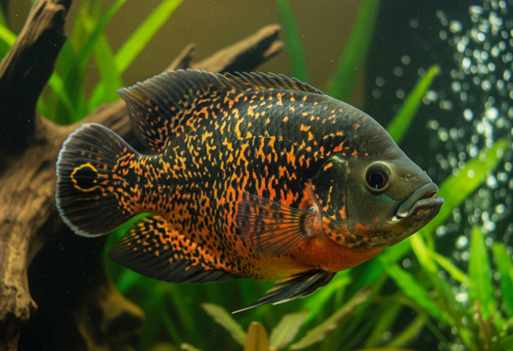 A realistic photo of an Oscar fish (Astronotus ocellatus) with striking dark and orange-gold mottled patterns, swimming in a clear freshwater aquarium with green plants, driftwood, and dark pebbles on the substrate.