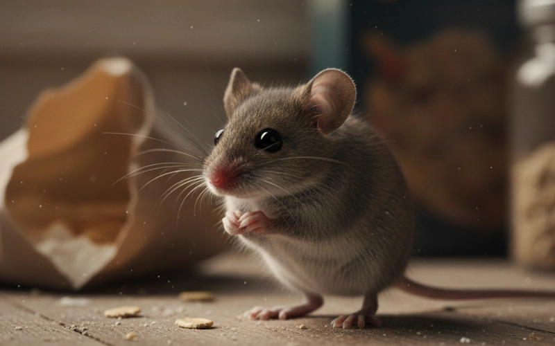 تربية القوارض A realistic close-up photo of a small house mouse with grey-brown fur, standing on its hind legs on a wooden floor, holding a small crumb in its front paws. A torn paper bag, scattered crumbs, and a blurred cereal box are visible in the background, suggesting a kitchen setting.