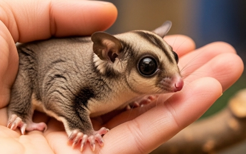 A realistic close-up photo of a small pet sugar glider with large, dark eyes and soft grey fur, resting safely in the open palm of a person's hand. The glider is looking to the right.
