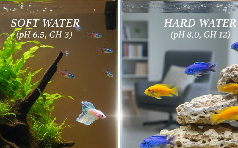 aquarium water foundation. A split image showing two aquariums side-by-side. The left side is labeled "SOFT WATER (pH 6.5, GH 3)" and features lush green aquatic plants, dark driftwood, and several small, brightly colored fish like neon tetras and a white betta fish. The right side is labeled "HARD WATER (pH 8.0, GH 12)" and contains light-colored, porous rock formations creating caves, with several vibrant yellow and blue cichlid fish swimming among them. Both tanks are clean and well-lit.