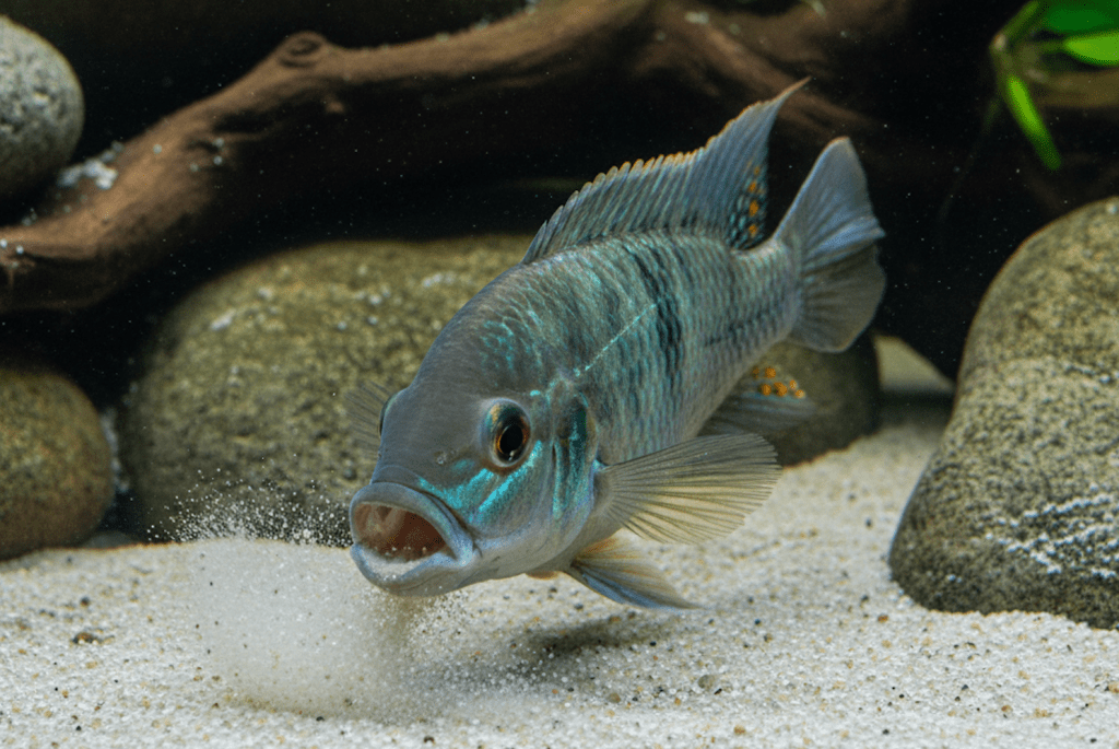 A realistic close-up photo of a Geophagus species cichlid with shimmering blue-green scales, actively sifting the light sandy substrate of an aquarium. Its mouth is open, stirring up a cloud of sand, with large rocks, driftwood, and green plants in the background.