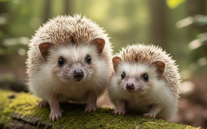 A realistic and cute photo of two African Pygmy Hedgehogs, one slightly larger than the other, sitting side-by-side on a moss-covered log in a sun-dappled forest setting. Both hedgehogs have their heads up, looking forward with bright, curious eyes.