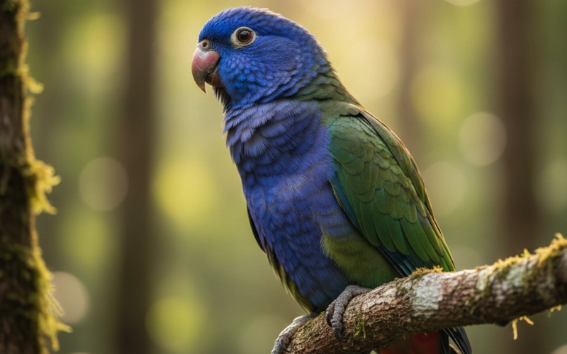 A realistic photo of a Blue-headed Pionus (Pionus menstruus) perched on a moss-covered branch in a tropical forest, showing its vibrant cobalt blue head, green body, and red undertail coverts.